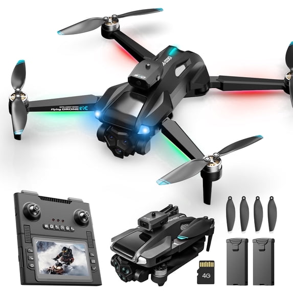 JoyStone FPV Drone with 1080P HD Camera for Beginner, Foldable RC Quadcopter with 4.3" HD LCD RC Screen, SD Card, 5G WiFi, Brushless Motor, Optical Flow, 2 Batteries, Black