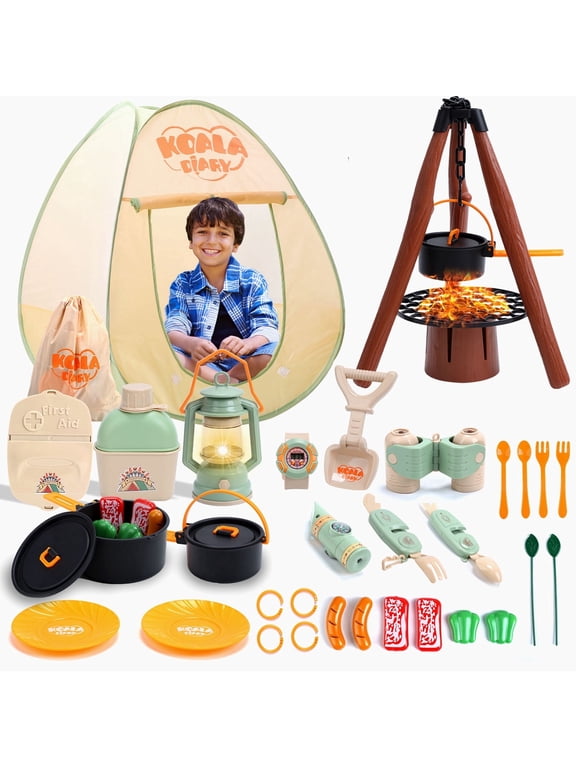 Kids Camping Set with Tent, 42Pcs Camping Pretend Play Tent, Toy Campfire, Binoculars, Oil Lantern, Indoor and Outdoor Camping Toy Set, Gift Idea for Boys Girls
