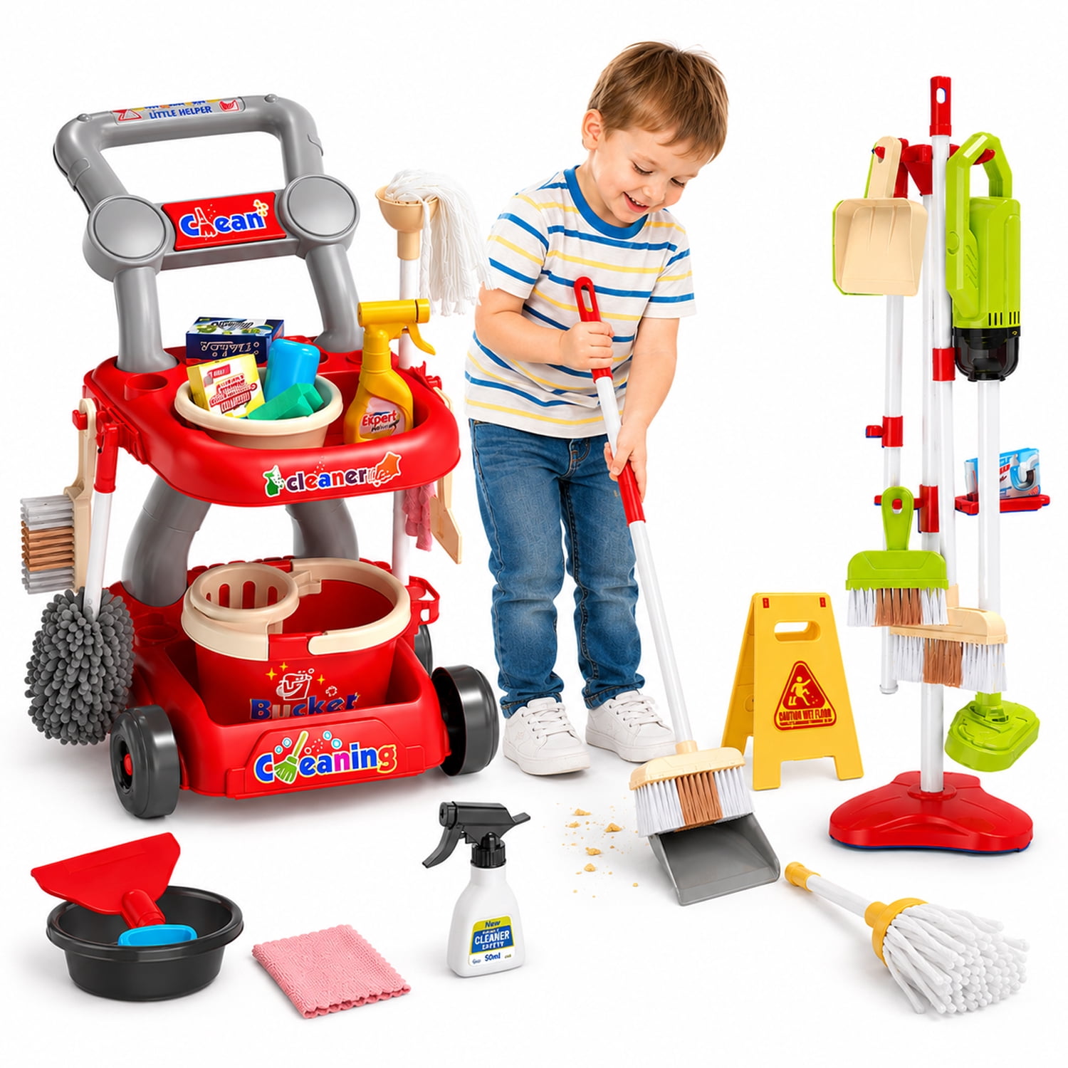 JoyStone JoyStone Kids Cleaning Set, 20 PCS with Electric Sound & Light Vacuum, Broom, Mop, Dustpan, Brush, Rag, Housekeeping Cart, Perfect Gift for Kids, Red
