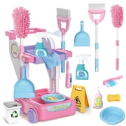 JoyStone Kids Cleaning Set Toys, 20PCS Pretend Play Housekeeping Supplies Kit Complete Includes Sweeping Broom, Duster, Dustpan, Brush, Rag, Housekeeping Cart Toys Gift for Kids, Pink