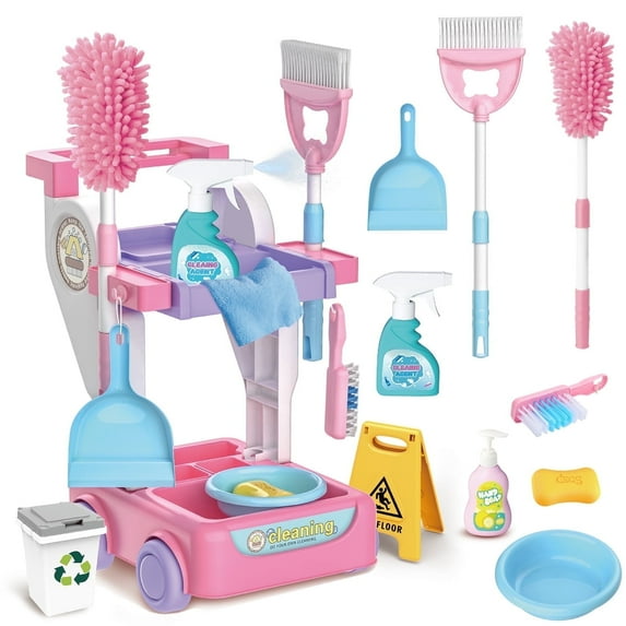 JoyStone Kids Cleaning Set Toys, 20PCS Pretend Play Housekeeping Supplies Kit Complete Includes Sweeping Broom, Duster, Dustpan, Brush, Rag, Housekeeping Cart Toys Gift for Kids, Pink