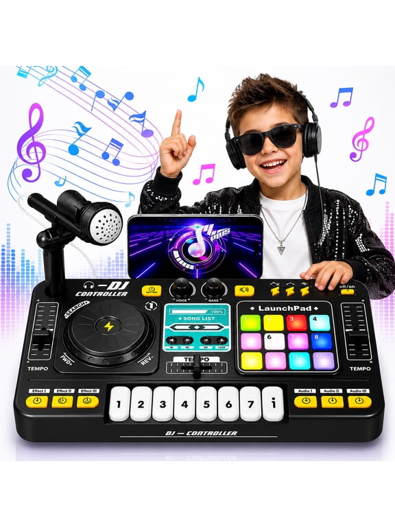 Kids DJ Mixer Toy with Bluetooth, Turntable, Piano Keys & Microphone, Light-Up DJ Controller Board for Toddlers & Beginners, Musical Instrument Toy Gift for Ages 3-8, Black