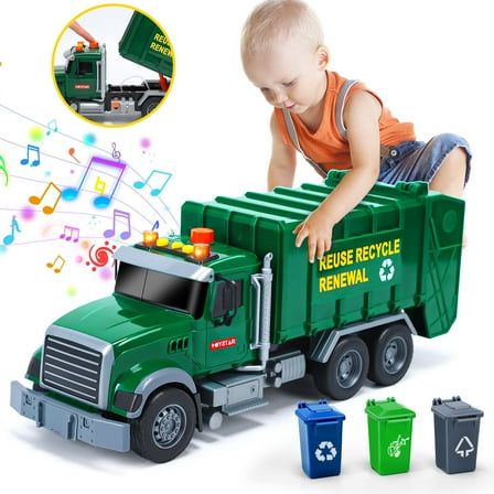 JoyStone Kids Garbage Truck Toy, Friction Powered Recycling Truck with Lights & Sounds, Lift & Rotating Trash Bin Function, 3 Trash Bins, Interactive Toy for 3-8 Years Old