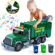 JoyStone Kids Garbage Truck Toy, Friction Powered Recycling Truck with Lights & Sounds, Lift & Rotating Trash Bin Function, 3 Trash Bins, Interactive Toy for 3-8 Years Old