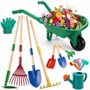 JoyStone Kids Gardening Tool Set with Wheelbarrow and Watering Can, 16-Piece Set with Wooden-Handle Tools, Ages 3-6