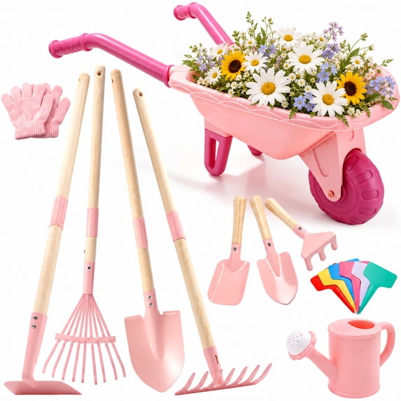 JoyStone Kids Gardening Tool Set with Wheelbarrow and Watering Can, 16-Piece Set with Wooden-Handle Tools, Pink, Ages 3-6