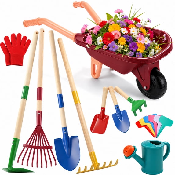 JoyStone Kids Gardening Tool Set with Wheelbarrow and Watering Can, 16-Piece Set with Wooden-Handle Tools, Ages 3-6