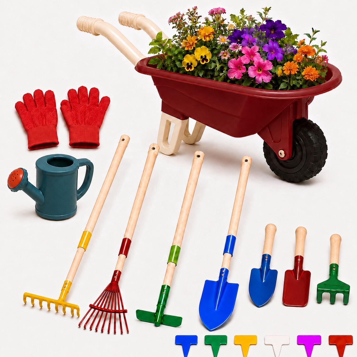 JoyStone JoyStone Kids Gardening Tool Set with Wheelbarrow and Watering Can, 16-Piece Set with Wooden-Handle Tools, Ages 3-6
