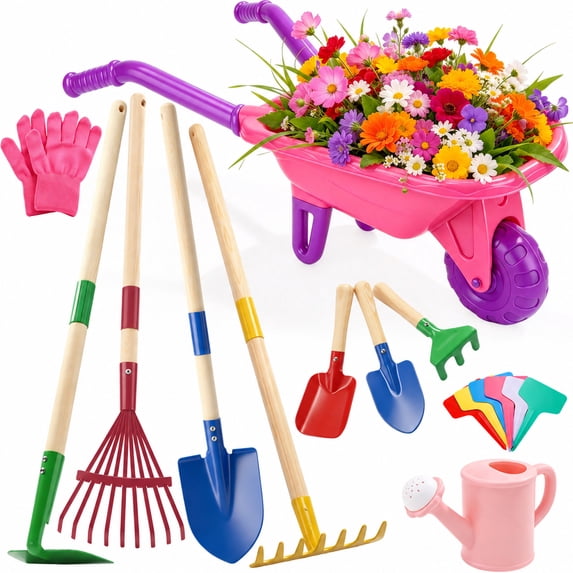 JoyStone Kids Gardening Tool Set with Wheelbarrow and Watering Can, 16-Piece Set with Wooden-Handle Tools, Ages 3-6