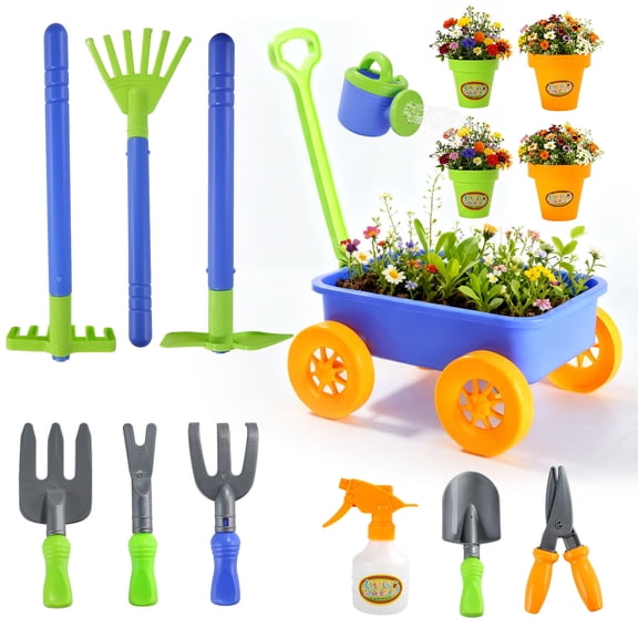 JoyStone Kids Gardening Tools Set, 15 PCS Plastic Gardening Set Include Child Safe Rake Shovel with Apron Gloves Watering Can Outdoor Toys Gift for Boys and Girls