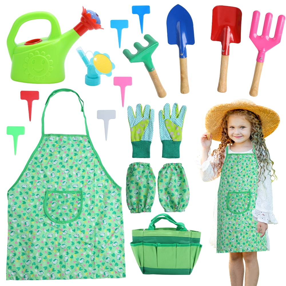 JoyStone Kids Gardening Tools Set, 19 PCS Metal Gardening Set Include Child Safe Rake Shovel with Apron Gloves Watering Can Outdoor Toys Gift for Boys and Girls