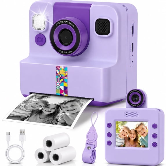 JoyStone Kids Instant Print Camera, Digital Camera for Kids with 180° Flip Lens, 2.4” Screen, 3 Paper Rolls, Birthday Gift for Kids, Purple