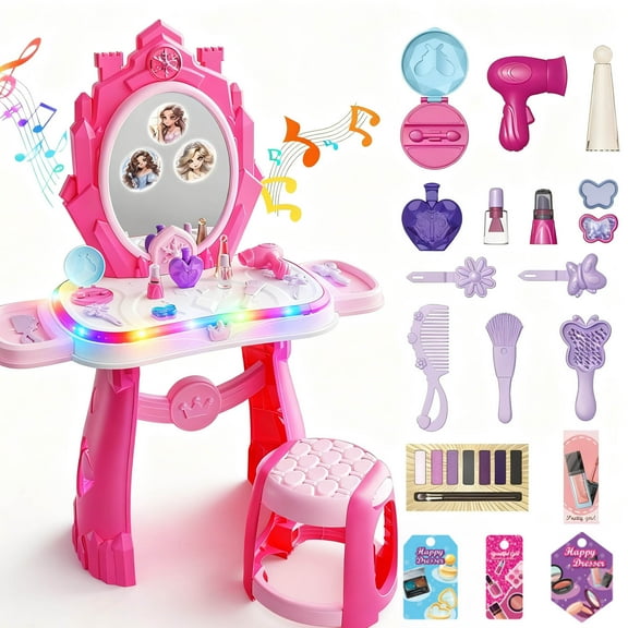 JoyStone Toddler Vanity Makeup Table with Mirror and Chair, Sound and Light Mirror, Girls Play Vanity for Toddlers 3-5 Years Old, Pink
