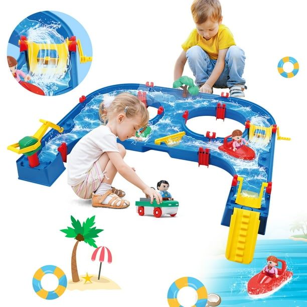 JoyStone Kids Outdoor Water Table Toys 57PCS DIY Mini Water Park Building Blocks Toy on Table or Lawn Beach Water Toy with 2 Boats Summer Outdoor Backyard Funs for Toddler Boys Girls Ages