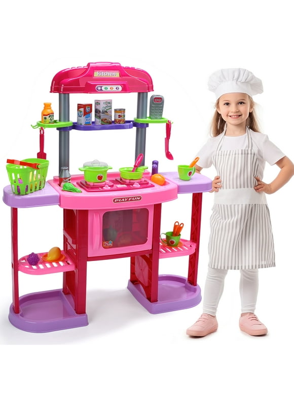 JoyStone Kids Play Kitchen, Large Kitchen Playset w/Shelf, Play Food, Spray Stove, Oven, Real Sounds and Light Pretend Play Cooking Set for Toddlers Girls and Boys