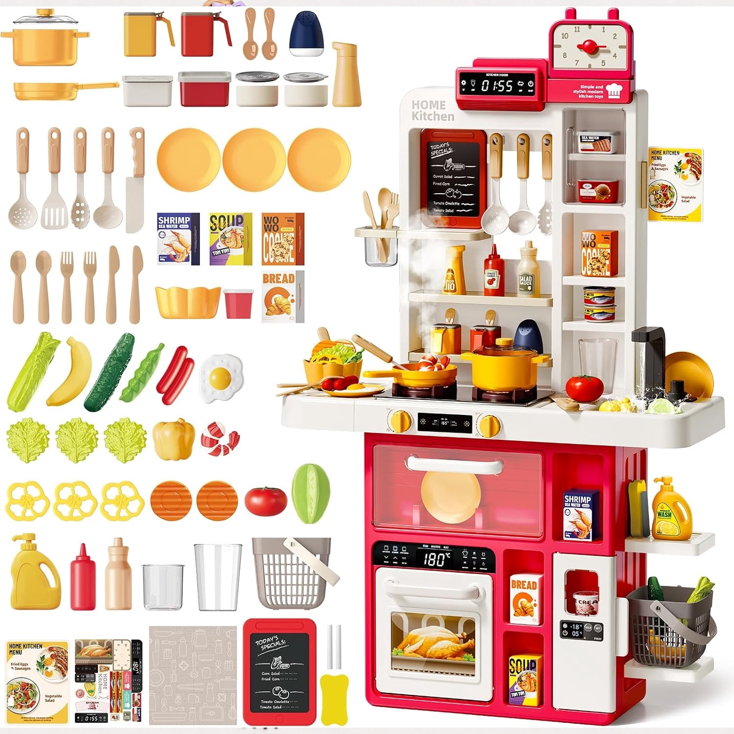 JoyStone JoyStone 69PCS Kids Kitchen Playset,Play Kitchen Toy with Realistic Lights & Sounds,Pretend Steam, Play Sink & Oven, Menu Board & Other Kitchen Accessories Set for Toddlers