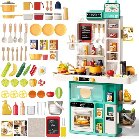 JoyStone 69PCS Kids Kitchen Playset,Play Kitchen Toy with Realistic Lights & Sounds,Pretend Steam, Play Sink & Oven, Menu Board & Other Kitchen Accessories Set for Toddlers