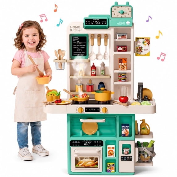 JoyStone 69PCS Kids Kitchen Playset,Play Kitchen Toy with Realistic Lights & Sounds,Pretend Steam, Play Sink & Oven, Menu Board & Other Kitchen Accessories Set for Toddlers