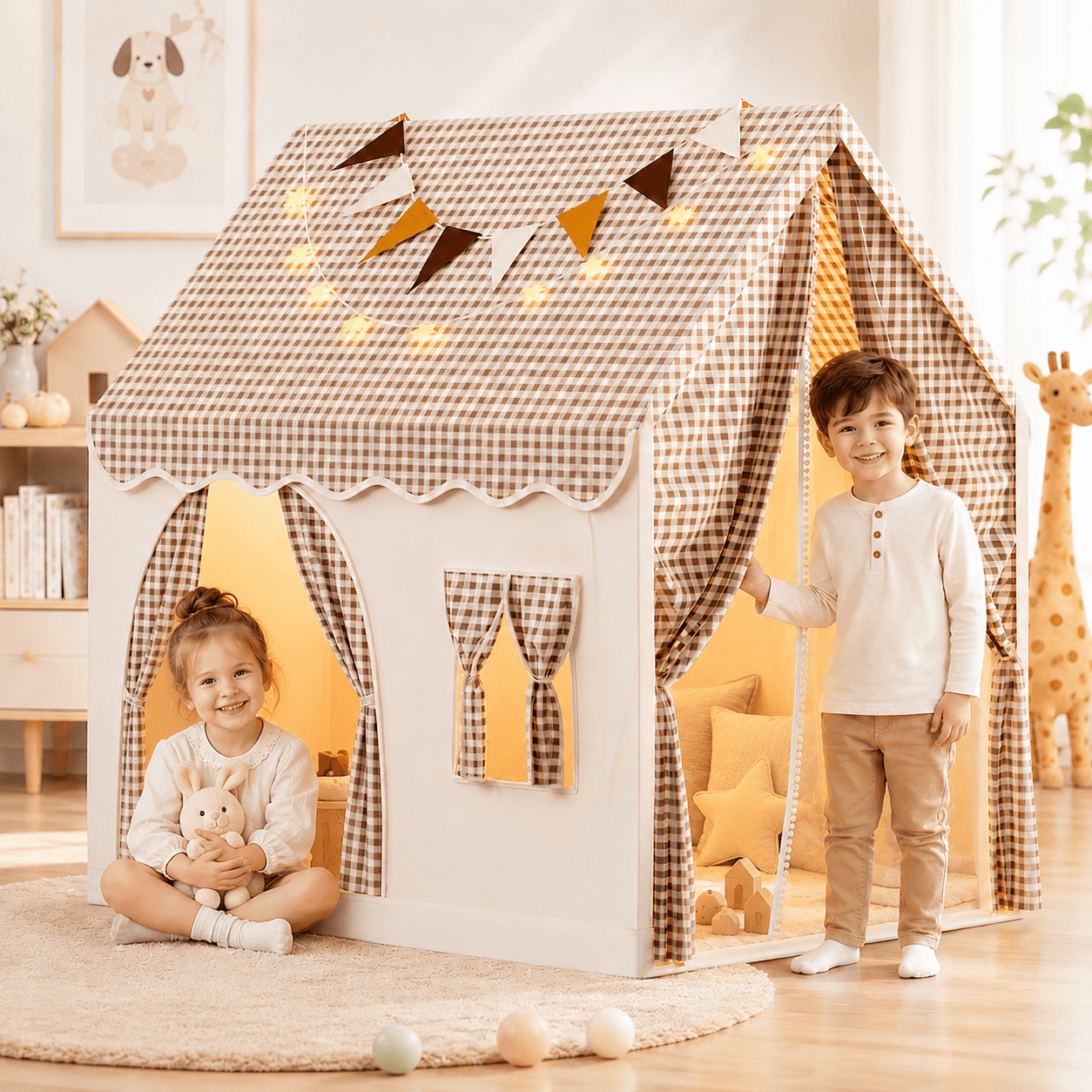 JoyStone JoyStone Kids Play Tent, Toddler Tent with Star Light, Bunting Flag, Large Kids Playhouse for Indoor Outdoor, Toy Gift for Boys Girls, 51" x 49"x37"