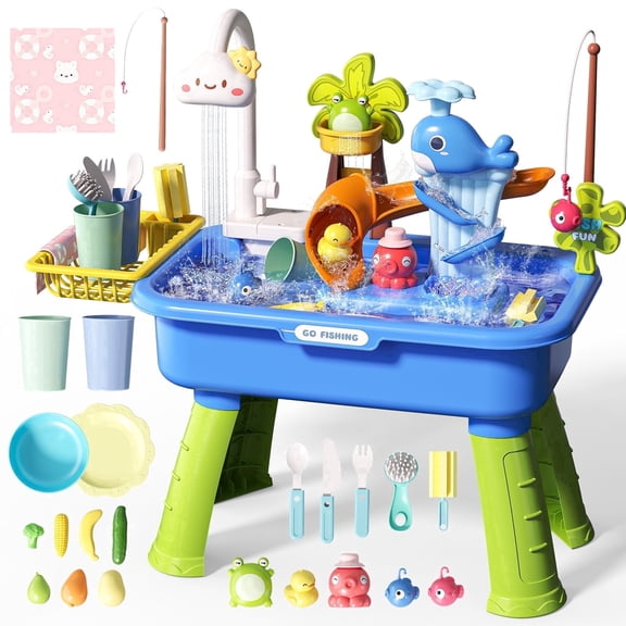 JoyStone 4-in-1 Toddler Sand Water Table with Electric Pump, 21.25” Kids Kitchen Sink Water Table with Fishing Toys & Play Food, Outdoor Play Table for Boys Girls Age 3+