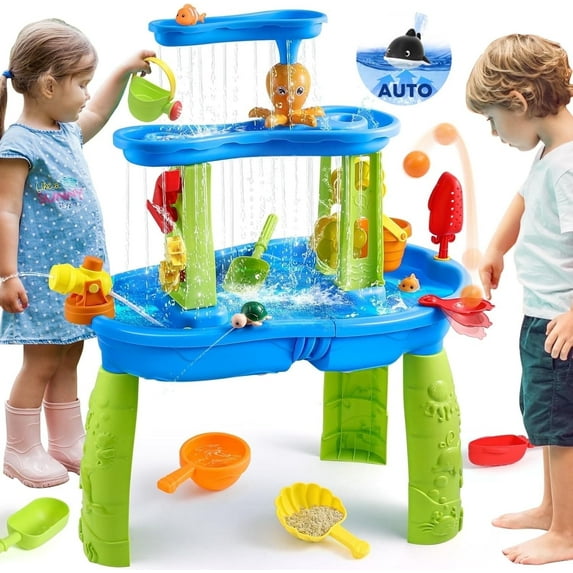 JoyStone Kids Sand Water Table for Beach, 3-Tier Water Activity Table with Water Pump, 28.66" Tall Sensory Play Table Toy for Toddlers, Summer Outdoor Backyard Gift for Kids