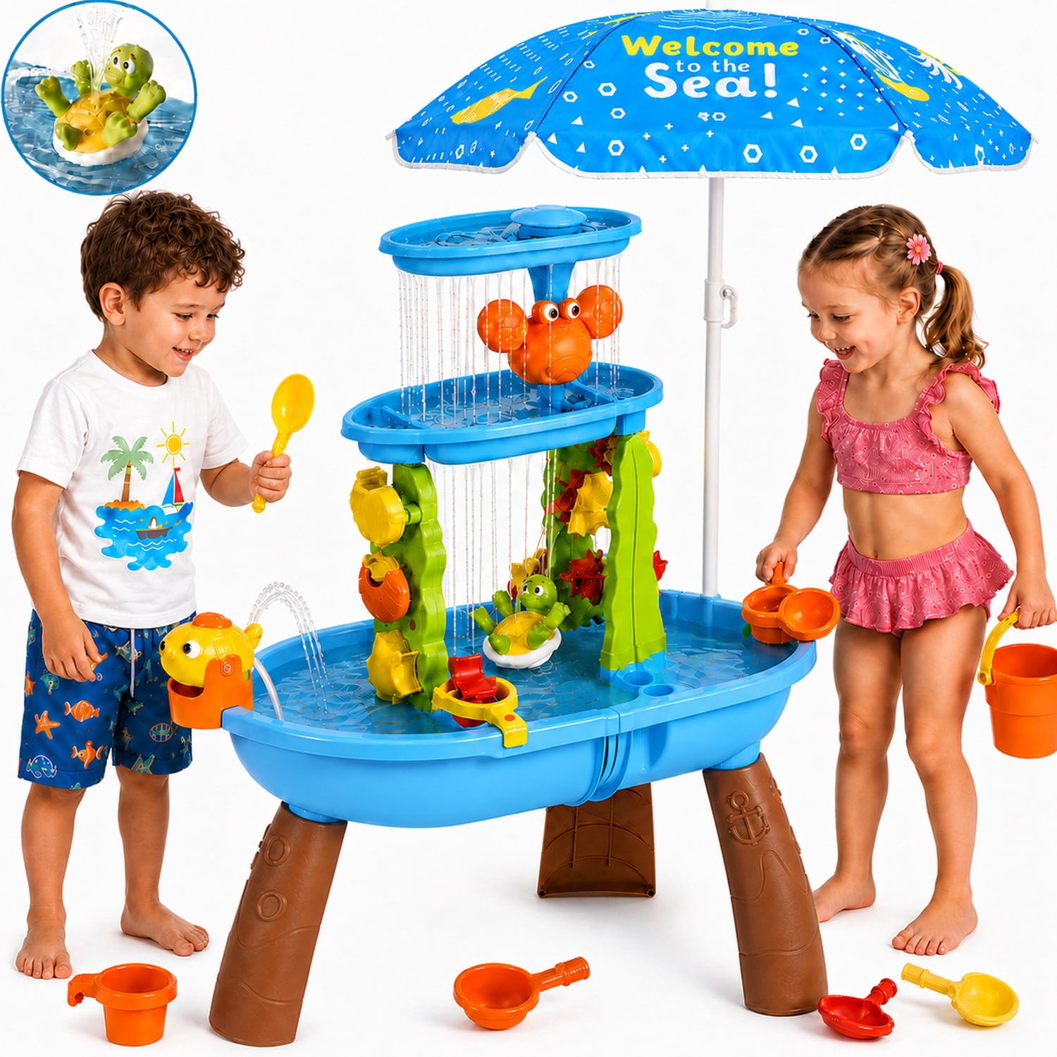 JoyStone JoyStone Kids Sand Water Table with Umbrella & Electric Pump, Outdoor Water Play Table with Accessories for Toddlers Ages 3+