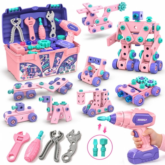 JoyStone 168PCS Kids Tool Set with Electric Drill, DIY Construction Building Kit with Storage Toolbox, STEM Building Toy, Birthday Gift for Girls Ages 3+, Pink