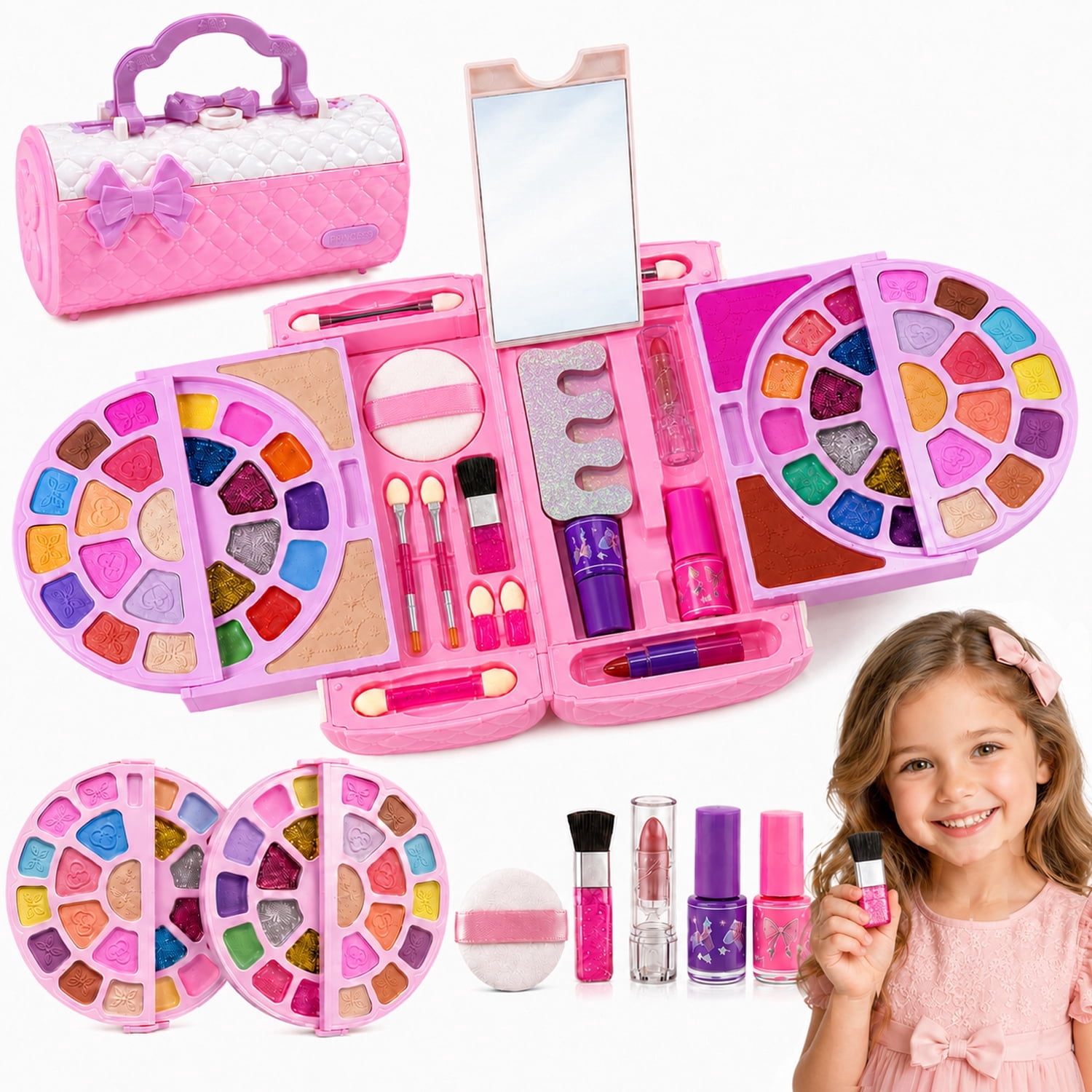 JoyStone JoyStone Kids Portable Pretend Makeup Kit for Girls, Built-in Mirror, Colorful Eye Shadows, Brushes, Play Toy Gift for Kids Ages 3+