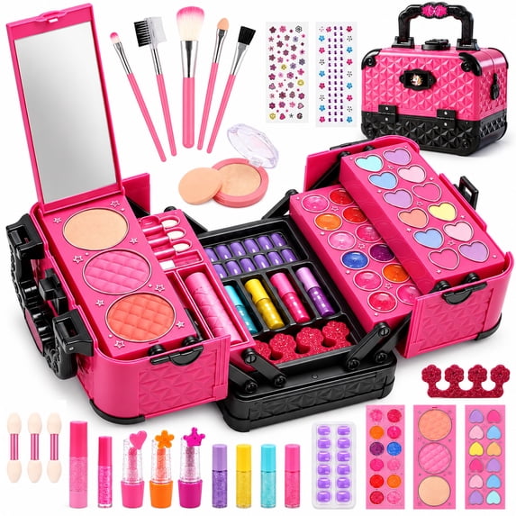 JoyStone 62Pcs Kids Washable Makeup Kit Make Up Set, Pretend Vanity Set with Cosmetic Case Birthday Toys for Girls 3-12 Year Old Kids, Black
