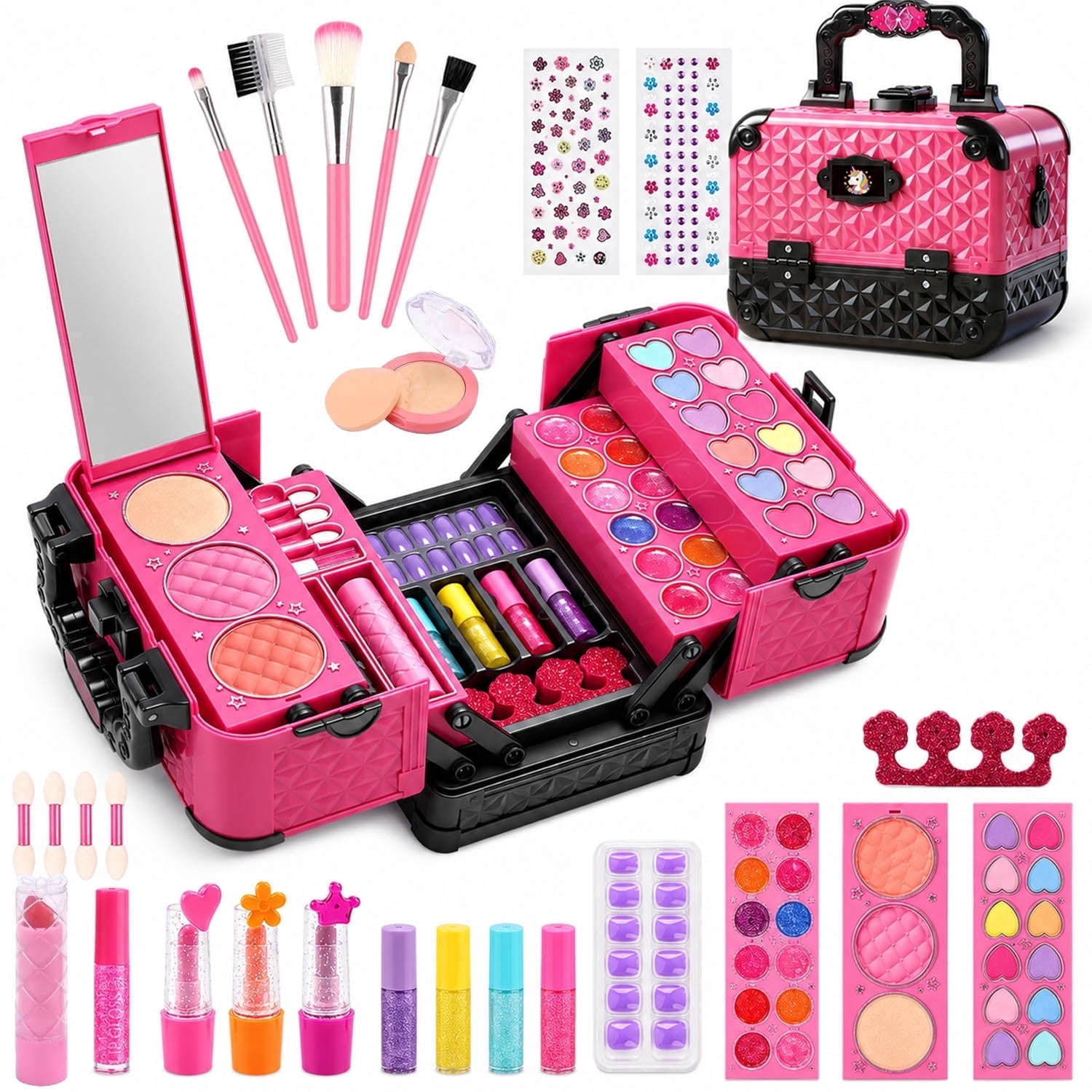JoyStone JoyStone 62Pcs Kids Washable Makeup Kit Make Up Set, Pretend Vanity Set with Cosmetic Case Birthday Toys for Girls 3-12 Year Old Kids, Black