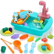 JoyStone Kitchen Play Sink Toys, Dinosaur Electronic Dishwasher Sink with Running Water, Fishing Game Toys and Play Food for Kids, Green