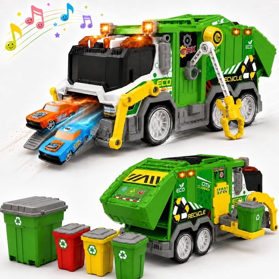 JoyStone Large Garbage Truck Toy with Lights & Music, Recycling Truck Playset with 2-Car Launcher, 4 Trash Bins and Movable Mechanical Arms for Kids Ages 3+
