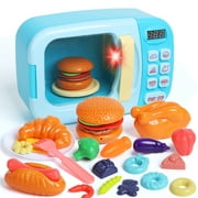 JoyStone Microwave Kitchen Play Set with Light Sound for Kids with Pretend Fake Food, Great Learning Gifts for Age 3+ Girls Boys, Blue