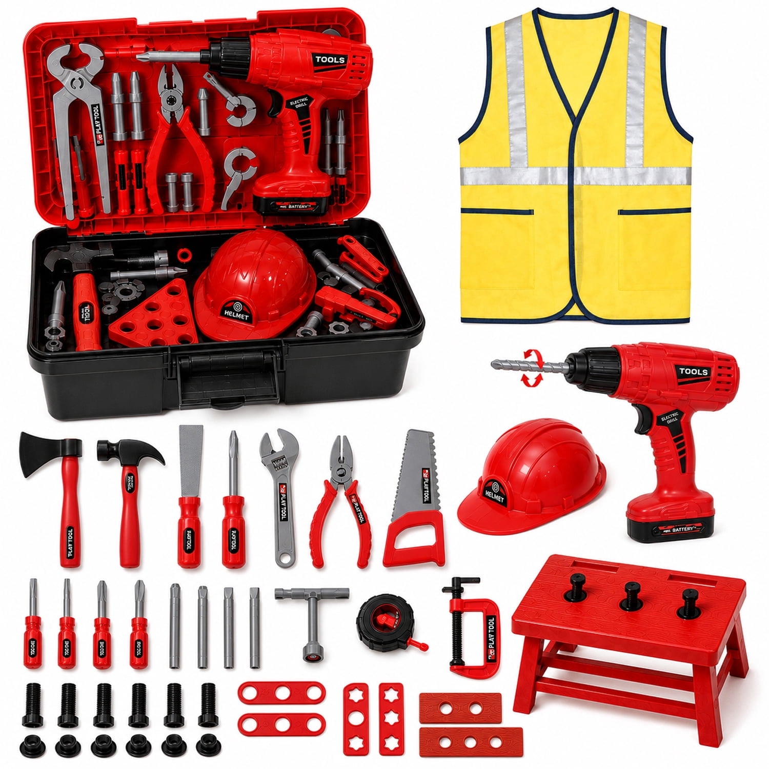 JoyStone JoyStone 69 PCS Kids Tool Set with Portable Toolbox, Toy Power Drill, Hard Hat & Vest, Pretend Play Construction Toys for Boys and Girls