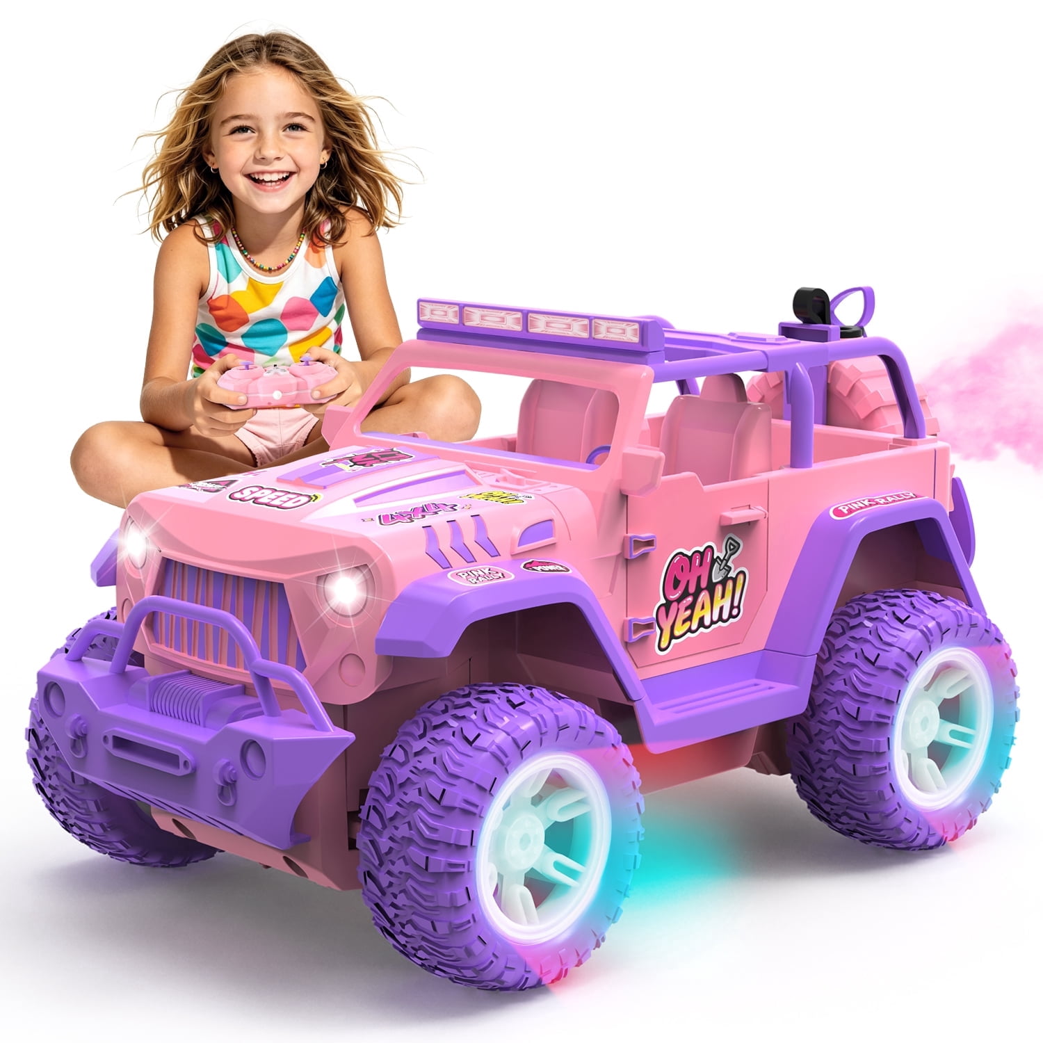 JoyStone Pink RC Cars for Girls, 2.4GHz Remote Control Truck with LED Lights, Spray & Sound Effects, DIY Stickers, Toy Cars Gift for Kids 3+