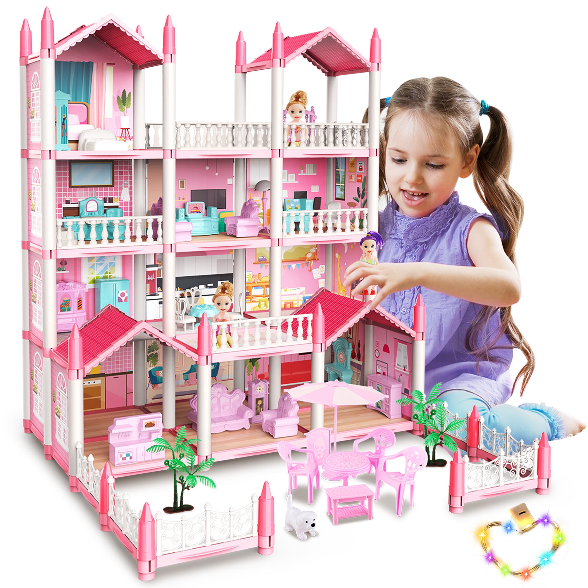 Doll House, Dream Doll House Furniture Pink Girl Toys, 4 Stories 10 Rooms  Dollhouse with 2 Princesses Slide Accessories, Toddler Playhouse Gift for