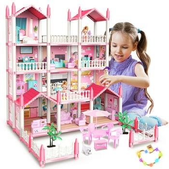JoyStone Play Dollhouse with Doll Toy Figures and 14 Rooms Furniture and Accessories Creative Dollhouse Gift for Girls Toddler and Kids Ages 3+ Pink and Colorful Lights, Assemble Required