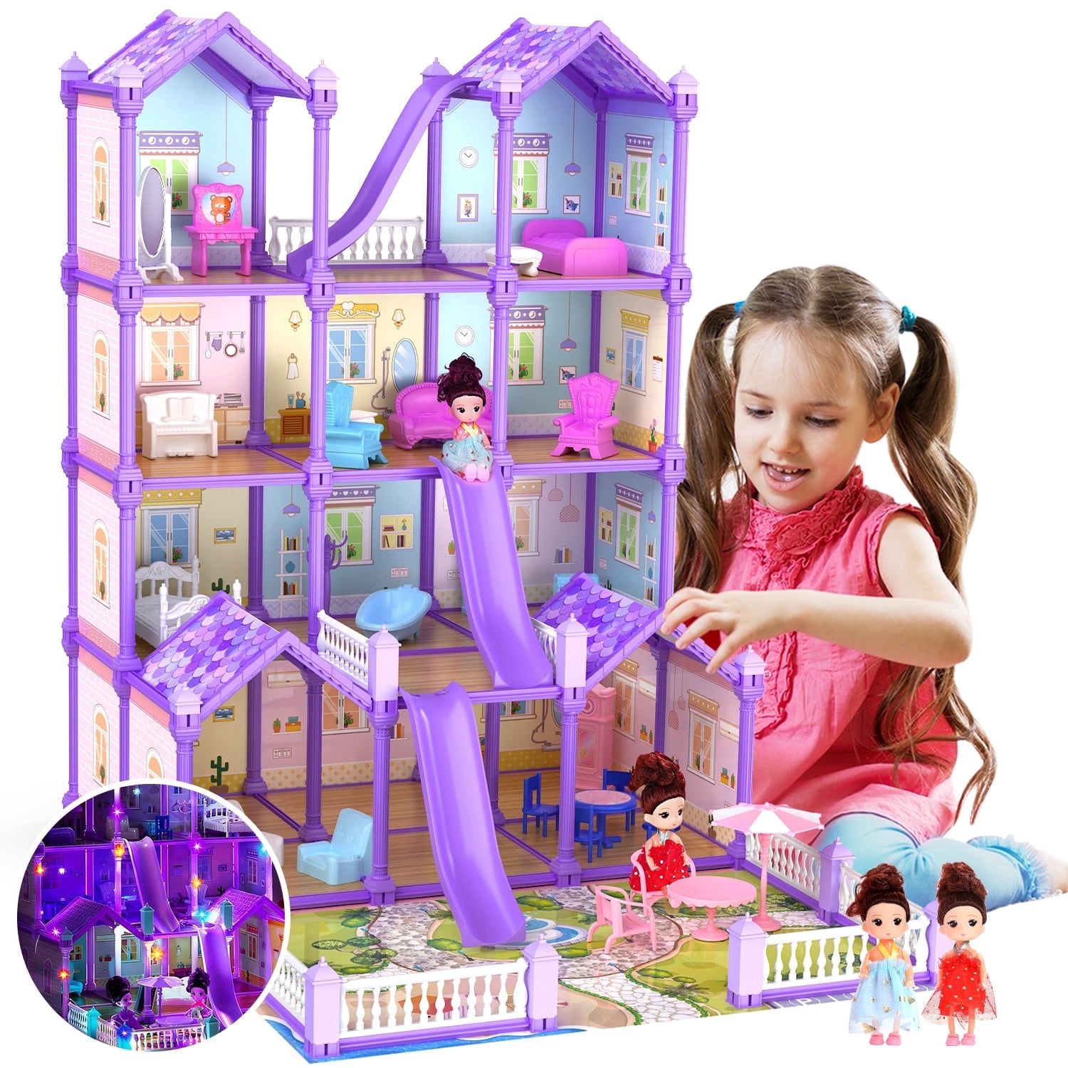 JoyStone Play Dollhouse with Doll Toy Figures, 14 Rooms Furniture and Colorful Lights, Creative Doll House Gift for Girls Ages 3+, Assemble Required, Purple
