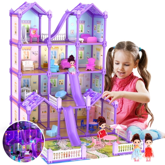 JoyStone Play Dollhouse with Doll Toy Figures, 14 Rooms Furniture and Colorful Lights, Creative Doll House Gift for Girls Ages 3+, Assemble Required, Purple