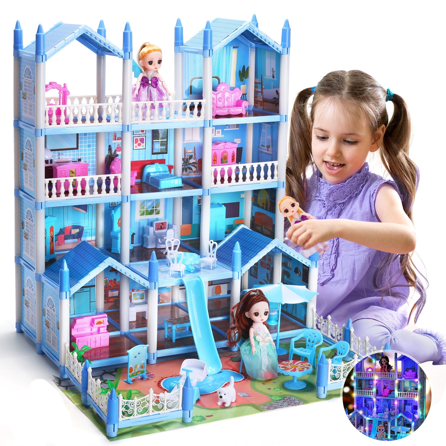 JoyStone Play Dollhouse with Doll Toy Figures, 14 Rooms Furniture and Colorful Lights