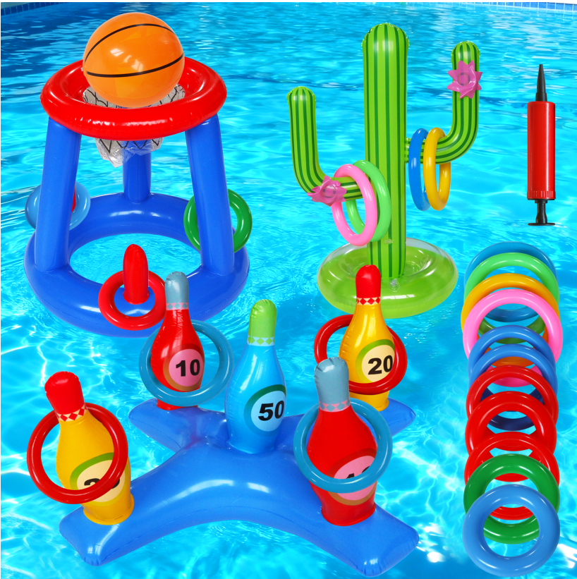 JoyStone Pool Toys Games Set, Floating Basketball Hoop Inflatable Cross Ring Toss Game Toys for Kids Adults, Summer Party Swimming Pool Water Games