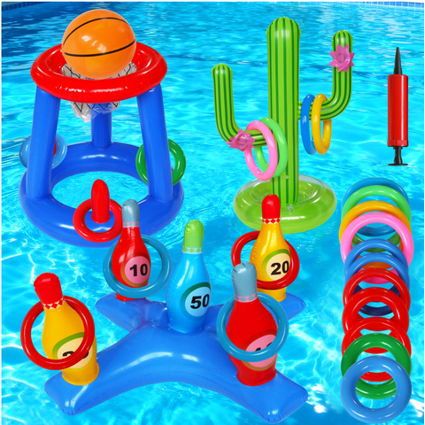 JoyStone Pool Toys Games Set, Floating Basketball Hoop Inflatable Cross Ring Toss Game Toys for Kids Adults, Summer Party Swimming Pool Water Games