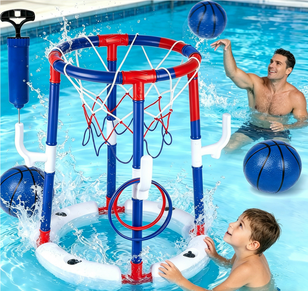 JoyStone Pool Basketball Toys, Floating Swimming Pool Basketball Hoop for Pool Games Poolside Water Basketball Hoop, 3 Balls and Pump