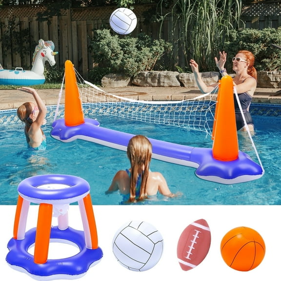 JoyStone Inflatable Pool Toys, 2-in-1 Swimming Pool Basketball & Volleyball Sets, Floating Basketball Hoop and Water Football, Summer Pool Game for Kids and Adults