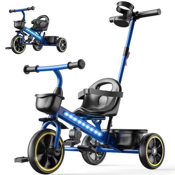A black and blue tricycle in two modes
