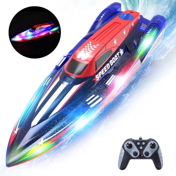 JoyStone RC Boat for Pools and Lakes, 13 Inch Remote Control Boat with LED Lights, 2.4G Racing Boats for Kids & Adults with 2 Rechargeable Battery, Gifts for Boys Girls