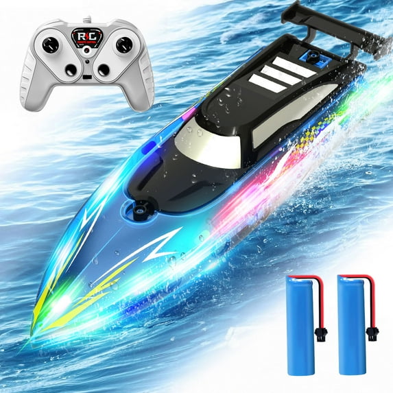 JoyStone RC Boat with LED Lights for Adults and Kids - 2.4Ghz Remote Control Boat for Pool and Lakes, 360°Flip Stunt Racing Boats, Gifts for 8-12 Boys Girls(Blue)