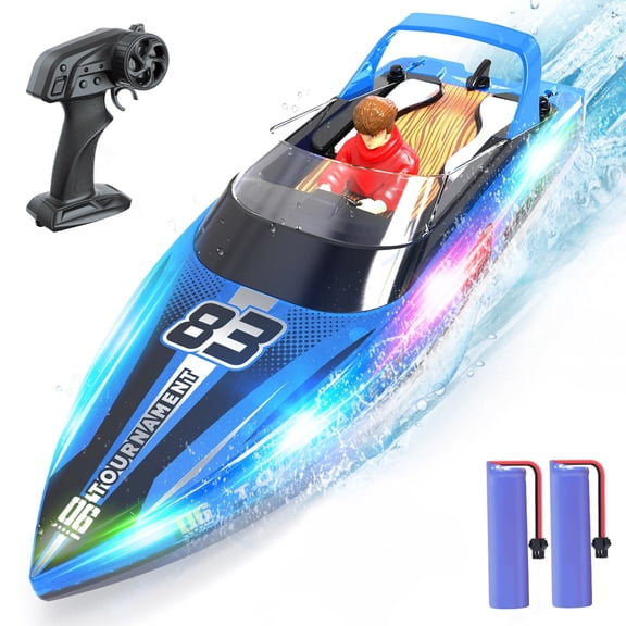 JoyStone 10 inch RC Boat with LED Lights for Adults and Kids - 2.4Ghz Remote Control Boat for Pool and Lakes, Dual Motor & Low Battery Alarm, Gifts for 8-12 Boys Girls(Blue)
