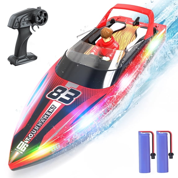 JoyStone RC Boat with LED Lights for Adults and Kids - 2.4Ghz Remote Control Boat for Pool and Lakes, 360°Flip Stunt Racing Boats, Gifts for 8-12 Boys Girls(Red)