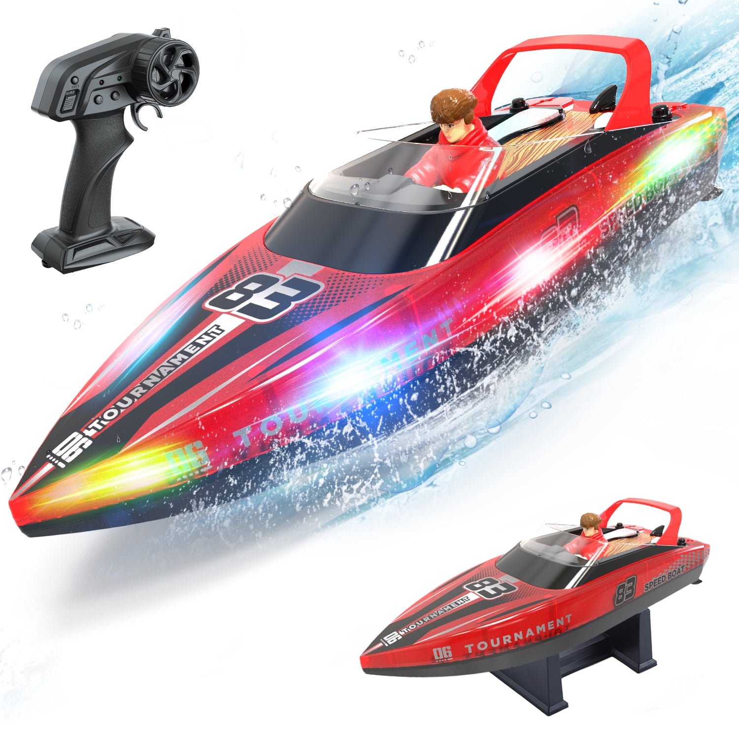 JoyStone 10 Inch RC Boat with LED Lights for Adults and Kids - 2.4Ghz Remote Control Boat for Pool and Lakes, Dual Motor & Low Battery Alarm, Gifts for 8-12 Boys Girls(Red)
